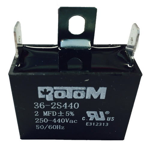 Rotom 36-2S440, Square Run Capacitor, 2 MFD, 250-440 Volt, 50/60 Hz, 1.46'' W x 0.71'' D x 1.1'' H, Plastic Case