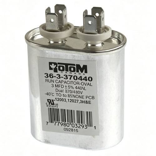 Rotom 36-3-370440, 12003, 12027, Oval Run Capacitor, 3 MFD, 370/440 Volt, 2.03'' W x 1.24'' D x 1.58'' H