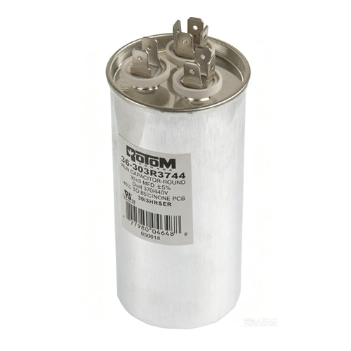 Rotom 36-303R3744, Round Run Capacitor, 30/3 MFD, 370/440 Volt, 1.97'' Diameter, 4.13'' Height