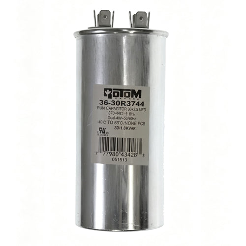 Rotom 36-30R3744, Round Run Capacitor, 30 MFD, 370/440 Volt, 2'' Diameter, 3.94'' Height