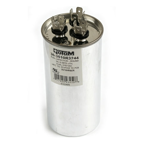 Rotom 36-3510R3744, Round Run Capacitor, 35/10 MFD, 370/440 Volt, 2.17'' Diameter, 4.33'' Height