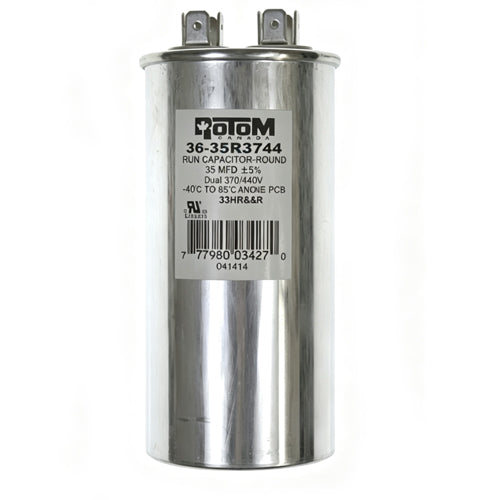 Rotom 36-35R3744, Round Run Capacitor, 35 MFD, 370/440 Volt, 2'' Diameter, 3.94'' Height