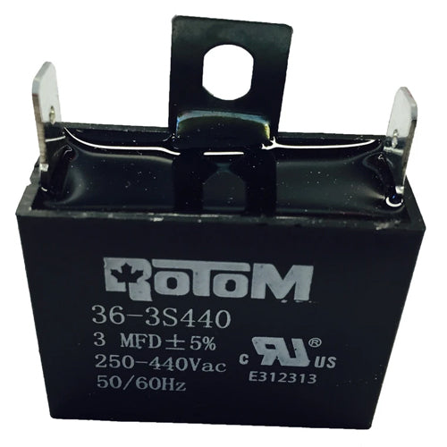 Rotom 36-3S440, Square Run Capacitor, 3 MFD, 250-440 Volt, 50/60 Hz, 1.46'' W x 0.71'' D x 1.1'' H, Plastic Case