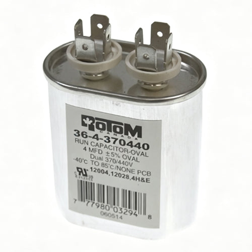 Rotom 36-4-370440, 12004, 12029, Oval Run Capacitor, 4 MFD, 370/440 Volt, 2.03'' W x 1.24'' D x 2.36'' H
