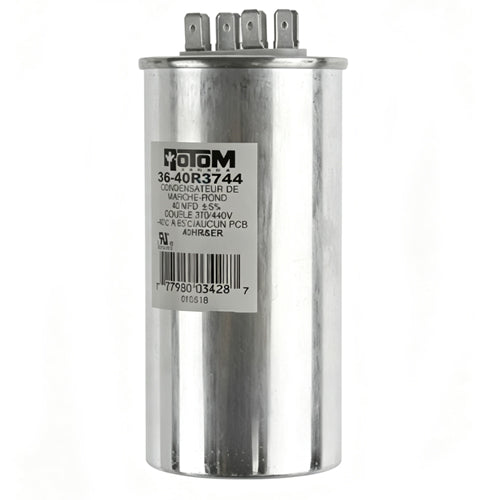 Rotom 36-40R3744, Round Run Capacitor, 40 MFD, 370/440 Volt, 2'' Diameter, 4.33'' Height