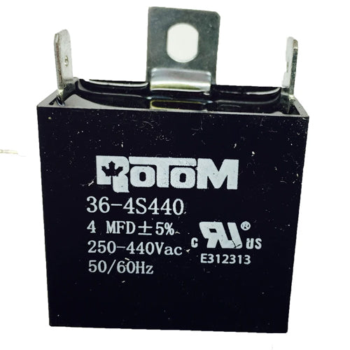 Rotom 36-4S440, Square Run Capacitor, 4 MFD, 250-440 Volt, 50/60 Hz, 1.46'' W x 0.87'' D x 1.34'' H, Plastic Case