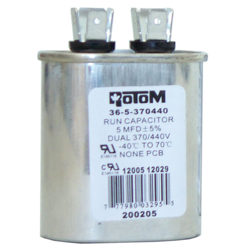 Rotom 36-5-370440, 12005, 12029, Oval Run Capacitor, 5 MFD, 370/440 Volt, 2.03'' W x 1.24'' D x 2.36'' H