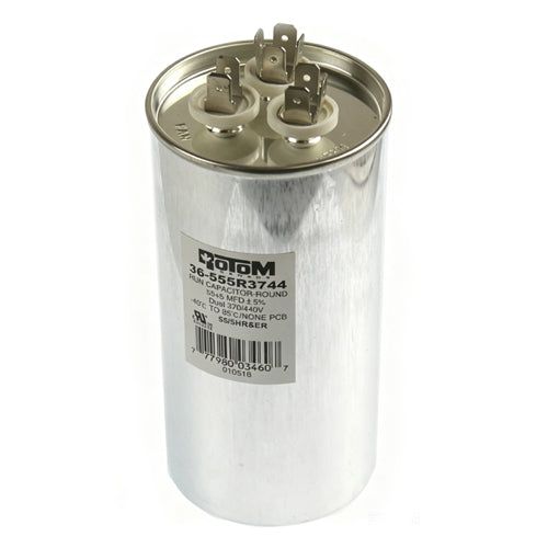 Rotom 36-555R3744, Round Run Capacitor, 55/5 MFD, 370/440 Volt, 2.36'' Diameter, 5.12'' Height