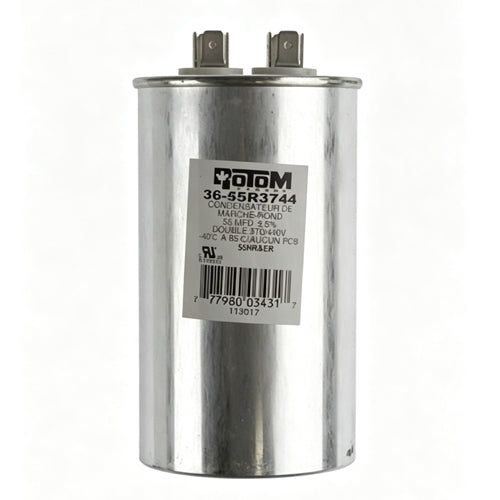 Rotom 36-55R3744, Round Run Capacitor, 55 MFD, 370/440 Volt, 2.17'' Diameter, 5.12'' Height