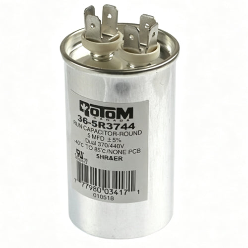 Rotom 36-5R3744, Round Run Capacitor, 5 MFD, 370/440 Volt, 1.65'' Diameter, 2.37'' Height