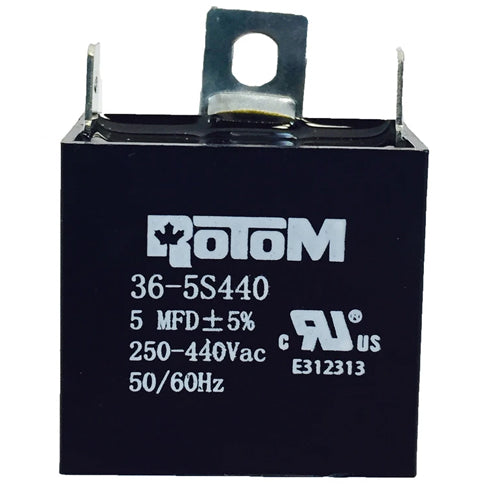 Rotom 36-5S440, Square Run Capacitor, 5 MFD, 250-440 Volt, 50/60 Hz, 1.46'' W x 0.87'' D x 1.34'' H, Plastic Case