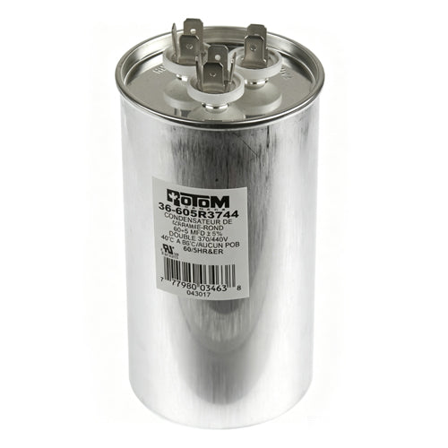 Rotom 36-605R3744, Round Run Capacitor, 60/5 MFD, 370/440 Volt, 2.36'' Diameter, 5.12'' Height