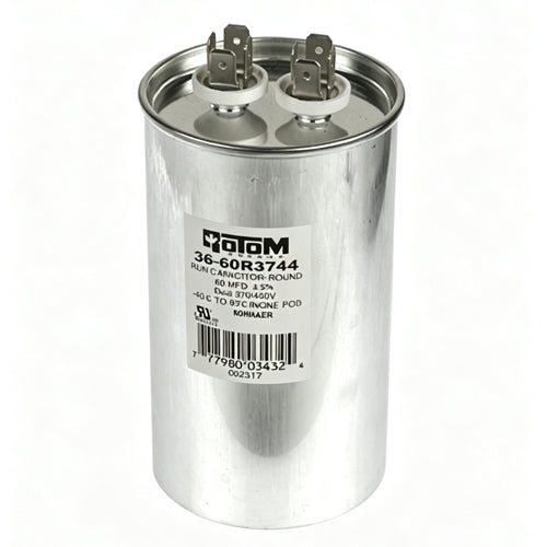 Rotom 36-60R3744, Round Run Capacitor, 60 MFD, 370/440 Volt, 2.17'' Diameter, 5.12'' Height