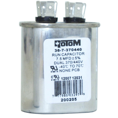 Rotom 36-7-370440, 12007, 12031, 37044, Oval Run Capacitor, 7.5 MFD, 370/440 Volt, 2.03'' W x 1.24'' D x 2.36'' H