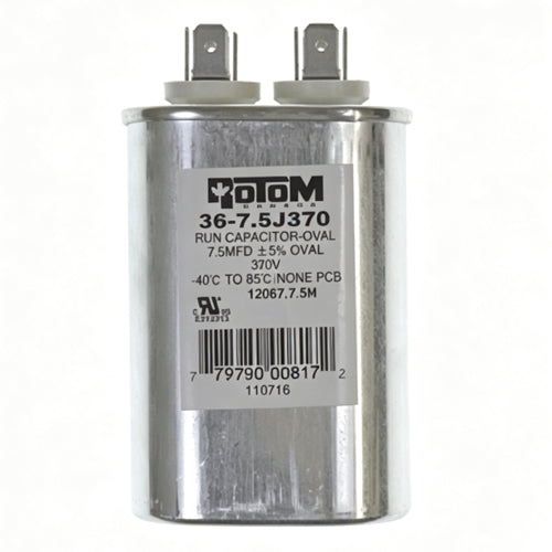 Rotom 36-7.5J370, 12007, Oval Run Capacitor, 7.5 MFD, 370 Volt, 2.03'' W x 1.24'' D x 2.36'' H