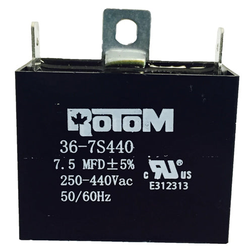 Rotom 36-7.5S440, Square Run Capacitor, 7.5 MFD, 250-440 Volt, 50/60 Hz, 1.85'' W x 1.02'' D x 1.5'' H, Plastic Case