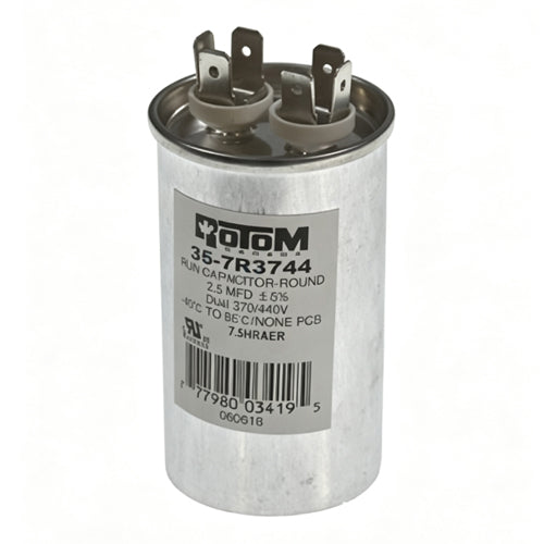 Rotom 36-7R3744, Round Run Capacitor, 7.5 MFD, 370/440 Volt, 1.65'' Diameter, 2.37'' Height