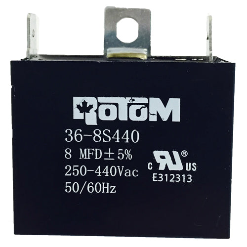 Rotom 36-8S440, Square Run Capacitor, 8 MFD, 250-440 Volt, 50/60 Hz, 1.85'' W x 1.02'' D x 1.5'' H, Plastic Case