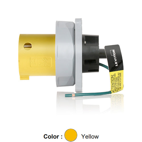 Leviton 360B4WLEV, LEV Series North American-Rated IEC 60309-1 & 60309-2 Pin & Sleeve Inlet, Industrial Grade, 60A 125V, 2-Pole, 3-Wire, IP66/IP67/IP68/IP69K, Watertight, Yellow