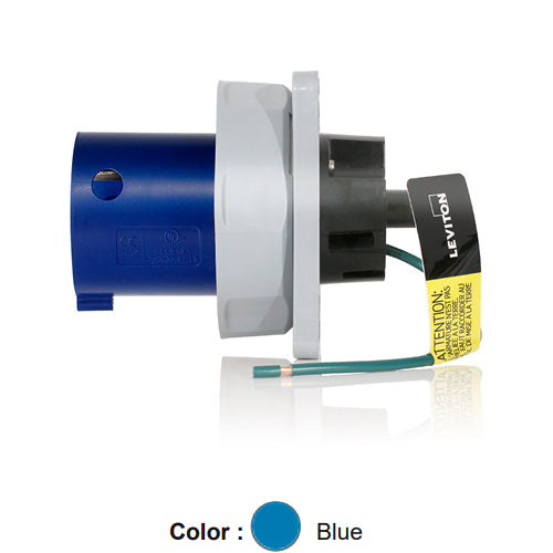 Leviton 560B9WLEV, LEV Series North American-Rated IEC 60309-1 & 60309-2 Pin & Sleeve Inlet, Industrial Grade, 3-Phase, 60/63A 120/208V, 4-Pole, 5-Wire, IP66/IP67/IP68/IP69K, Watertight, Blue