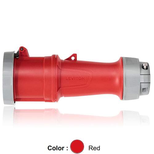 Leviton 560C7WLEV, LEV Series North American-Rated IEC 60309-1 & 60309-2 Pin & Sleeve Connector with Standard Clamp, Industrial Grade, 3-Phase, 60A 277/480V, 4-Pole, 5-Wire, IP66/IP67/IP68/IP69K, Watertight, Red