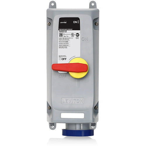 Leviton 360MF6WLEV, LEV Series North American-Rated IEC 60309-1 & 60309-2 Pin & Sleeve Mechanical Interlock, Industrial Grade, 60A 240V, 2-Pole, 3-Wire, IP66/IP67/IP68/IP69K, Watertight, Fused, Blue