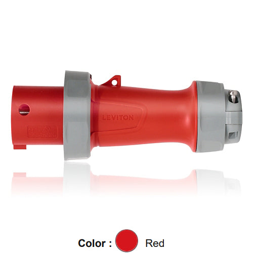 Leviton 560P7WLEV, LEV Series North American-Rated IEC 60309-1 & 60309-2 Pin & Sleeve Plug with Standard Clamp, Industrial Grade, 3-Phase, 60A 277/480V, 4-Pole, 5-Wire, IP66/IP67/IP68/IP69K, Watertight, Red