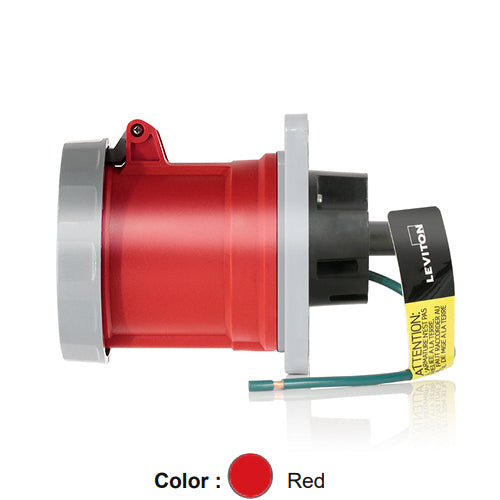 Leviton 560R7WLEV, LEV Series North American-Rated IEC 60309-1 & 60309-2 Pin & Sleeve Receptacle, Industrial Grade, 3-Phase, 60A 277/480V, 4-Pole, 5-Wire, IP66/IP67/IP68/IP69K, Watertight, Red