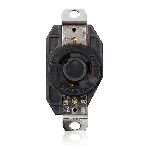 Leviton 3720, Flush Mount Locking Receptacle, Industrial Grade, 20A 347V, NEMA L24-20R, 2-Pole, 3-Wire, Grounding, Black, For Canada Only