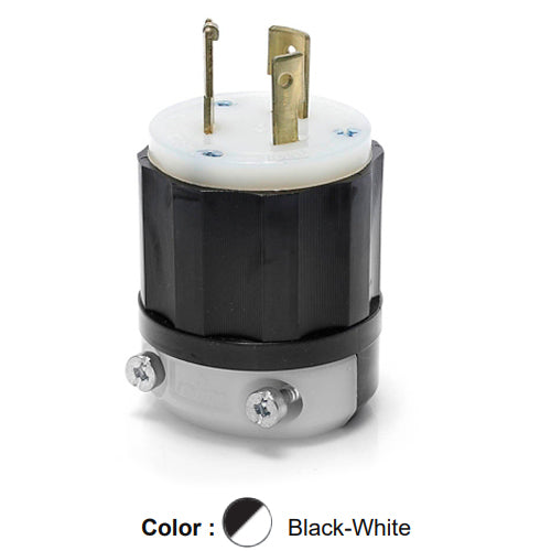 Leviton 3721, Locking Plug, Industrial Grade, 20A 347V, NEMA L24-20P, 2-Pole, 3-Wire, Grounding, Black/White