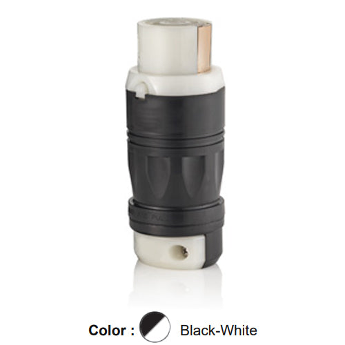Leviton 3762C, Locking Connector, Industrial Grade, 50A 250VDC/600VAC, Non-NEMA, 2-Pole, 3-Wire, Grounding, Black/White