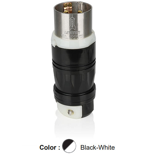 Leviton 3765C, Locking Plug, Industrial Grade, 50A 250VDC/600VAC, Non-NEMA, 3-Pole, 4-Wire, Grounding, Black/White