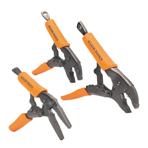 Klein Tools 38665, Locking Pliers, Long Nose 6-Inch, Curved Jaw 7- and 10-Inch, 3-Piece