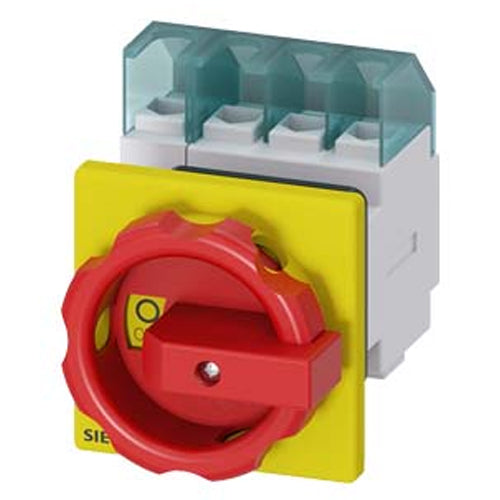 Siemens 3LD21541TL53, SENTRON, Switch Disconnector 3LD, Emergency Switching-Off Switch, 4- Pole, Iu: 25 A, Operating Power / at AC-23 A 400 V: 9.5 KW, Front-Mounted, Rotary Operating Mechanism, Red / Yellow, Central Mounting 22.5 mm of the Handle