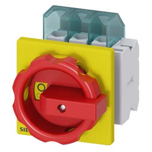 Siemens 3LD22031TP53, SENTRON, Switch Disconnector 3LD, Emergency Switching-Off Switch, 3- Pole, Iu: 32 A, Operating Power / at AC-23 A 400 V: 11.5 KW, Front-Mounted, 1 NC, 1 NO, Rotary Operating Mechanism, Red / Yellow, 4-Hole Mounting of the Handle