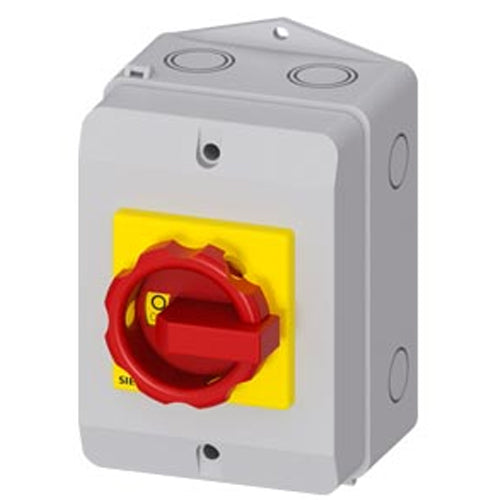 Siemens 3LD22640TB530US2, SENTRON, Switch Disconnector 3LD, Emergency Switching-Off Switch, 3- Pole, Iu: 32 A, Operating Power / at AC-23 A 400 V: 11.5 KW, Molded-Plastic Encapsulation For Inch Cable Gland, Rotary Operating Mechanism, Red/Yellow