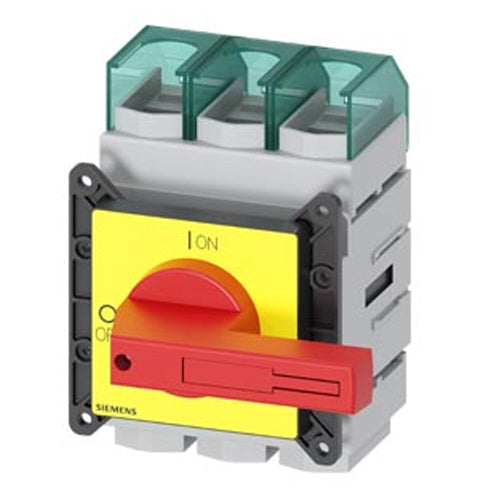 Siemens 3LD24050TK13, SENTRON, Switch Disconnector 3LD, Emergency Switching-Off Switch, 3- Pole, Iu=250 A, Operating Power / at AC-23 A 400 V: 132 KW, Front-Mounted, Knob-Operated Mechanism, Red/Yellow, 4-Hole Mounting of the Handle