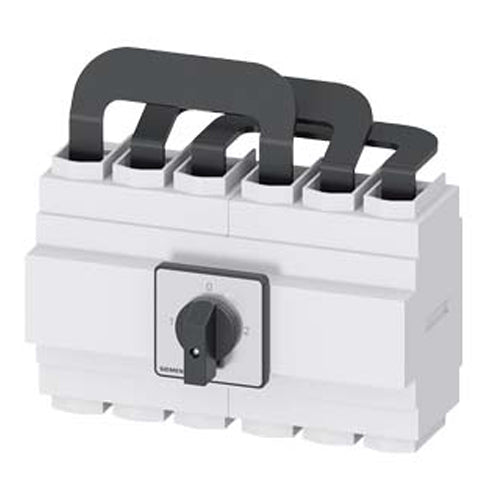 Siemens 3LD24057UK01, SENTRON, Switch Disconnector 3LD, Change-Over Switch, 3-Pole, Iu = 250 A, Operating Power / at AC-23 A at 400 V: 132 KW, Front-Mounted, Knob-Operated Mechanism, Black, 4-Hole Mounting of the Handle