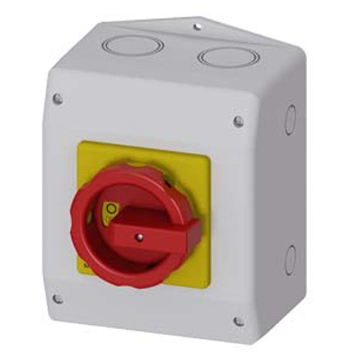 Siemens 3LD25650TB530US2, SENTRON, Switch Disconnector 3LD, Emergency Switching-Off Switch, 3- Pole, Iu: 63 A, Operating Power / at AC-23 A 400 V: 22 KW, Molded Plastic Encapsulation for Inch Cable Gland, Rotary Operating Mechanism, Red/Yellow