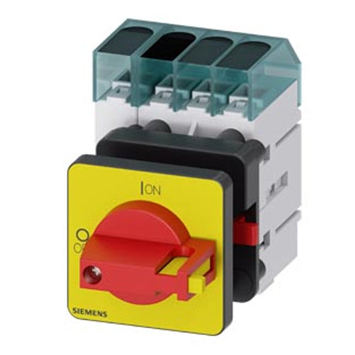 Siemens 3LD30500TL13, Load Disconnector 3LD3, Iu 16 A Main Switch 3-Pole + N Rated Operating Capacity at AC-23 A at 400V 7.5KW Front Plate Mounting Basic Switch with Central Hole Mounting 22.5mm Toggle Drive Red / Yellow 48x48 mm