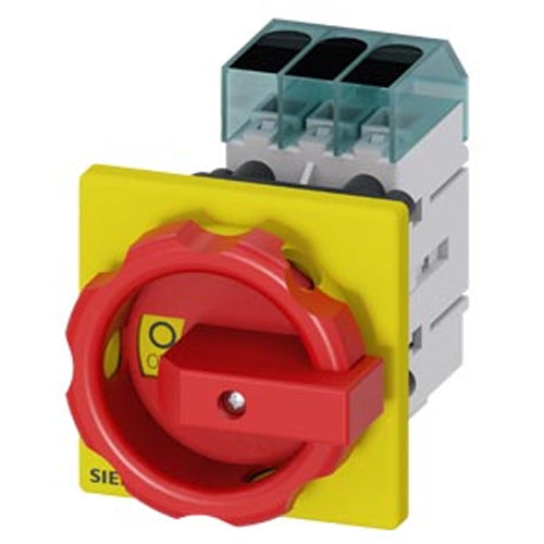Siemens 3LD32540TK53, Load Disconnector 3LD3, Iu 32 A Main Switch 3-Pole Rated Operating Capacity for AC-23 A at 400V 11.5KW Front Plate Mounting Basic Switch with Central Hole Mounting 22.5mm Rotary Actuator Red / Yellow 66 X 66 mm