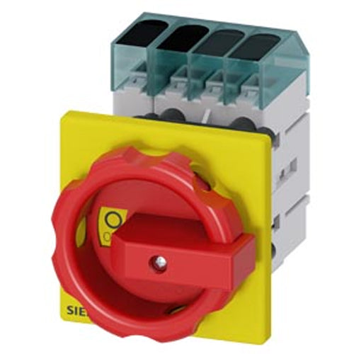 Siemens 3LD32540TL53, Load Disconnector 3LD3, Iu 32 A Main Switch 3-Pole + N Rated Operating Capacity for AC-23 A at 400V 11.5KW Front Plate Mounting Basic Switch with Central Hole Mounting 22.5mm Rotary Actuator Red / Yellow 66 X 66 mm