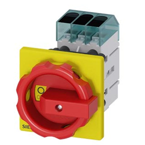 Siemens 3LD33540TK53,Load Disconnector 3LD3, Iu 40 A Main Switch 3-Pole Rated Operating Capacity at AC-23 A at 400 V 18.5 KW Front Plate Mounting Basic Switch with Central Hole Mounting 22.5mm Toggle Drive Red / Yellow 66x66 mm