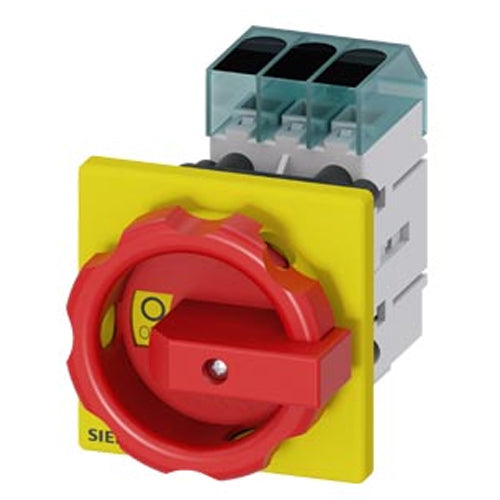 Siemens 3LD34540TK53, Load Disconnector 3LD3, Iu 63 A Main Switch 3-Pole Rated Operating Capacity at AC-23 A at 400V 22.0 KW Front Plate Mounting Basic Switch with Central Hole Mounting 22.5mm Toggle Drive Red / Yellow 66x66 mm