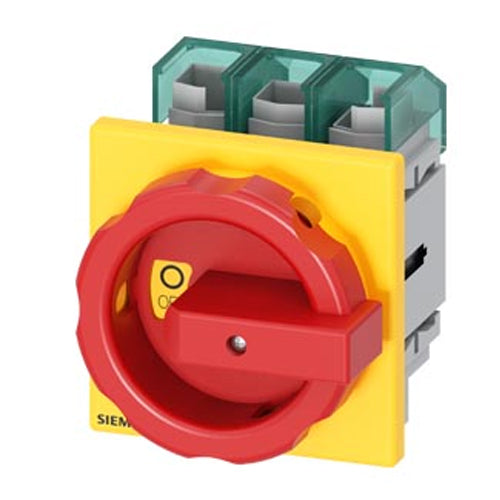 Siemens 3LD52200TK13, SENTRON 3LD5 Switch Disconnector UL, Emergency-OFF Switch, 3-Pole, Operational Power at AC-23 A at 400 V: 30 KW, Front-Mounted, Rotary Operating Mechanism, Red/Yellow
