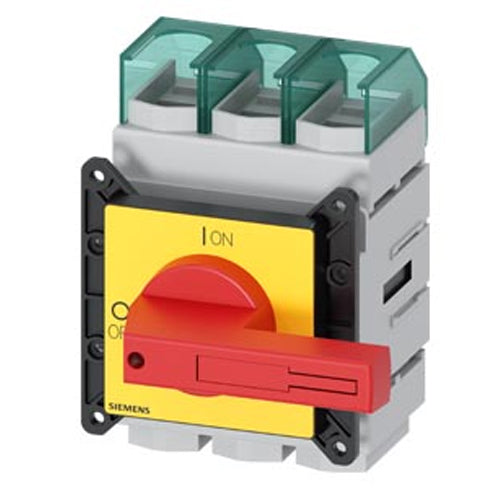 Siemens 3LD54200TK13, SENTRON 3LD5 Switch Disconnector UL, EMERGENCY-OFF Switch, 3-Pole, Operational Power at AC-23 A at 400 V: 45 KW, Front-Mounted: Rotary Operating Mechanism, Red/Yellow