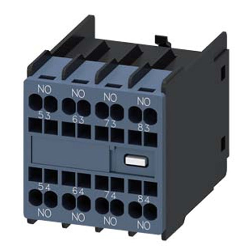 Siemens 3RH29112GA40, Auxiliary Switch, On The Front, 4 NO, 53/54, 63/64, 73/74, 83/84, Current Path: 1 NO, 1 NO, 1 NO, 1 NO, Spring-Loaded Terminal, Physically Coded, Only With Contactor Relays 3RH2140 And 3RH2440 Combinable