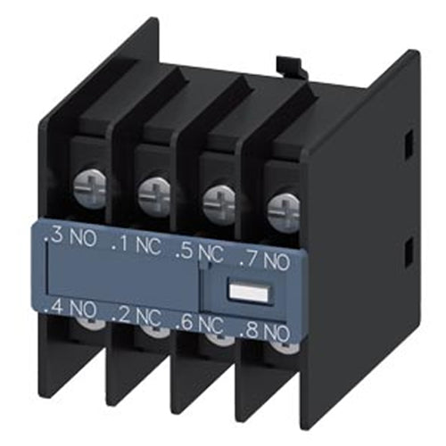 Siemens 3RH29114FB22, Auxiliary Switch, On The Front, 2 NO + 2 NC, 11 U, .3/.4, .1/.2, .5/.6, .7/.8, Current Path: 1 NO, 1 NC, 1 NC (Lagging), 1 No (Leading), Ring Cable Lug Connection, For Contactors 3RT2 And Contactor Relays 3RH2