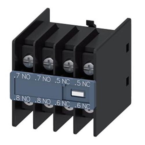 Siemens 3RH29114FC22, Auxiliary Switch, On The Front, 2 NO + 2 NC, 22 U, .7/.8, .7/.8, .5/.6, .5/.6, Current Path: 1 NO (Leading), 1 NO (Leading), 1 NC (Lagging), 1 NC (Lagging), Ring Cable Lug Connection, For Contactors 3RT2 And Contactor Relays 3RH2