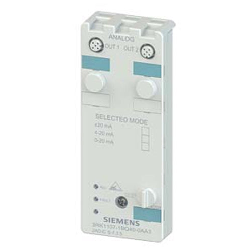 Siemens 3RK1107-2BQ40-0AA3, AS-i Compact Module K60 Analog 2 AQ, IP67 2x 1 Output, Voltage +/- 10 V 1..5 V for 2-Wire Actuators 2 x M12 Socket Mounting Plate 3RK1901-0CA00 Must Be Ordered Separately